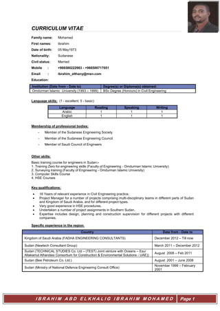 I B R A H I M A B D E L K H A L I G I B R A H I M M O H A M E D Page 1
CURRICULUM VITAE
Family name: Mohamed
First names: Ibrahim
Date of birth: 05 May1973
Nationality: Sudanese
Civil status: Married
Mobile : +966580222983 - +966500717051
Email : ibrahim_elthany@msn.com
Education:
Institution (Date from - Date to) Degree(s) or Diploma(s) obtained:
Omdurman Islamic University (1993 – 1999) BSc Degree (Honours) in Civil Engineering
Language skills: (1 - excellent; 5 - basic)
Language Reading Speaking Writing
Arabic 1 1 1
English 1 1 1
Membership of professional bodies:
- Member of the Sudanese Engineering Society
- Member of the Sudanese Engineering Council
- Member of Saudi Council of Engineers
Other skills:
Basic training course for engineers in Sudan:-
1. Training Zero for engineering skills (Faculty of Engineering - Omdurman Islamic University)
2. Surveying training (Faculty of Engineering - Omdurman Islamic University)
3. Computer Skills Course
4. HSE Courses
Key qualifications:
 16 Years of relevant experience in Civil Engineering practice.
 Project Manager for a number of projects comprising multi-disciplinary teams in different parts of Sudan
and Kingdom of Saudi Arabia, and for different project types.
 Very good experience in HSE procedures.
 Undertaken a number of project assignments in Southern Sudan.
 Expertise includes design, planning and construction supervision for different projects with different
companies.
Specific experience in the region:
Country Date from - Date to
Kingdom of Saudi Arabia (FADHA ENGINEERING CONSULTANTS) December 2012 – Till now
Sudan (Newtech Consultant Group) March 2011 – December 2012
Sudan (TECHNICAL STUDIES Co. Ltd – (TEST) Joint venture with Oceans – Esu/
Altakamul Alhandasi Consortium for Construction & Environmental Solutions - UAE))
August 2008 – Feb 2011
Sudan (Bee Petroleum Co. Ltd.) August 2001 – June 2008
Sudan (Ministry of National Defence Engineering Consult Office)
November 1999 – February
2001
 