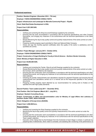 I B R A H I M A B D E L K H A L I G I B R A H I M M O H A M E D Page 2
Professional experience:
Position: Resident Engineer- (December 2014 – Till now).
Employer: FADHA ENGINEERING CONSULTANTS.
Project: Infrastructure and Landscape for Marvella Community Project – Riyadh.
Client: Rafal Real Estate Development in KSA.
Project Cost: 9,381,909 SAR.
Responsibilities:
- Verifying and correcting the Shop & as built Drawings supplied by the contractor.
- Ensuring that the work accomplished in accordance with the technical specifications and other Contract
Documents, and bringing any instances of non-conformance with the technical specifications to the Client
attention.
- Review Monitoring the day-to-day quality control and quantity measurements of the works carried out under
the Contract.
- Preparing monthly progress report submitted to Client and National Water Company.
- Check and sign the monthly payment certificates when the quality of the works is satisfactory and the
quantities are correct.
Position: Project Manager- (January 2013 – October 2014).
Employer: FADHA ENGINEERING CONSULTANTS.
Project: Construction of Urgent Building for Faculty of Arts & Science – Northern Border University.
Client: Ministry of Higher Education in KSA.
Project Cost: 65,894,090 SAR.
Responsibilities:
- Verifying and correcting the Tender, Shop & as built Drawings supplied by the contractor.
- Review Monitoring the day-to-day quality control and quantity measurements of the works carried out under
the Contract, which submitted by site engineer.
- Ensuring that the construction work accomplished in accordance with the technical specifications and other
Contract Documents, and bringing any instances of non-conformance with the technical specifications to the
Client attention.
- Checking all quantity measurements and calculations required for payment Purposes and ensuring that all
measurements and calculations carried out in a manner and at the frequencies specified in the contract
documents.
- Preparing monthly progress report attached by our recommendation for rushing work to finalize on the
specified time with high quality standards.
Second Position: Team Leader-(July 2011 – December 2012).
First Position: Site Civil Engineer (March 2011 - July 2011).
Employer: Newtech Consulting Group.
Project: Construction of Office and Accommodation units for Ministry of Legal Affairs And Judiciary in
Southern Sudan TORIT, BOR & KUAJOK.
Client: Delegation of Europe Union-(SUDAN).
Project Cost: 3,298,508 Euro.
Responsibilities:
- Verifying and correcting the Shop Drawings supplied by the contractor.
- Monitoring the day-to-day quality control and quantity measurements of the works carried out under the
Contract.
- Ensuring that the construction work accomplished in accordance with the technical specifications and other
Contract Documents, and bringing any instances of non-conformance with the technical specifications to the
Team Leader’s attention.
- Execution of the Taking Over by the Employer from the Contractor of each Stage in contract, in particular by
preparing lists of deficiencies, which need to corrected, and assisting with monitoring of the performance of
 
