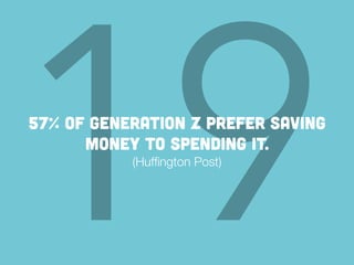 1957% of Generation Z prefer saving
money to spending it.
(Hufﬁngton Post)
 