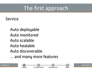 #33rdDegree @DebskiChris
Allegro The New World Improvement WIIFY
The ﬁrst approach
Service
Auto deployable
Auto monitored
Auto scalable
Auto healable
Auto discoverable
… and many more features
 