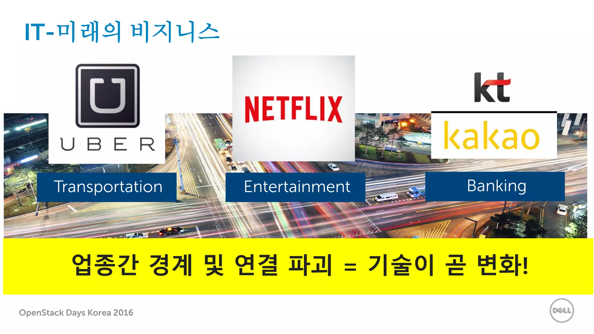 OpenStack Days Korea 2016
IT-미래의 비지니스
Transportation Entertainment Banking
업종간 경계 및 연결 파괴 = 기술이 곧 변화!
 