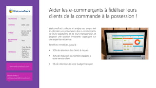 Aider les e-commerçants à fidéliser leurs
clients de la commande à la possession !
WelcomeTrack collecte et analyse en temps réel
les données en provenance des e-commerçants,
de leurs logisticiens et de leurs transporteurs et
propose une solution innovante s'appuyant sur
une expertise reconnue.

Bénéfices immédiats, jusqu’à : 

•  50% de rétention des clients à risques
•  30% de réduction du nombre d’appels à
votre service client
•  5% de rétention de votre budget transport 


www.welcometrack.com 
TECHNOLOGIE Azure
AUDIENCE CMO, CDO
THÈMES
Service Client
Expérience
utilisateur
RECOMMANDÉ
POUR… Tous
RÉFÉRENCES
Fnac, Rue du
Commerce,
Auchan
Decathlon
Eden Park
Smartbox
Besoin d’infos ?
anthony.virapin@microsoft.com
 
