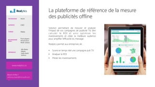 La plateforme de référence de la mesure
des publicités offline
Solution permettant de mesurer et analyser
l’impact de vos campagnes de publicité TV, d’en
calculer le ROI et ainsi optimiser les
investissements et cibler la meilleure audience
pour amplifier l’efficacité du message.

Realytics permet aux entreprises de : 

•  Suivre en temps réel une campagne pub TV
•  Analyser le ROI
•  Piloter les investissements

TECHNOLOGIE Azure
AUDIENCE CMO
THÈMES Média
RECOMMANDÉ
POUR…
Pure-players
Annonceurs
Multi-canaux
RÉFÉRENCES
Allo Resto
Meetic
Hello bank!
Sofinco
www.realytics.io
Besoin d’infos ?
anthony.virapin@microsoft.com
 