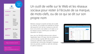 Mention change la manière de faire de la veille
sur internet. Les sociétés sont alertées en temps
réel quand le nom de leur marque ou celui de
leurs concurrents sont utilisés sur le web ou sur
les réseaux sociaux. Parfait pour surveiller sa
réputation en ligne !

Avec plus de 200.000 professionnels utilisant
l’application dans 125 pays, dont les entreprises
comme GitHub, Spotify, MIT, Microsoft et
Century21, Mention cible la profession
montante des community managers, employés
dans les grandes sociétés ou dans les startups
en pleine croissance. 

Un outil de veille sur le Web et les réseaux
sociaux pour rester à l'écoute de sa marque,
de mots-clefs, ou de ce qui se dit sur son
propre nom
TECHNOLOGIE Azure
AUDIENCE CMO
THÈMES
Réseaux
sociaux,
Media
monitoring,
Community
manager
RECOMMANDÉ
POUR… B2C, Retail
RÉFÉRENCES
Spotify
Microsoft
Century21
Leetchi
Azendoo…
https://mention.com/fr/ 
Bizspark
DUAL
CREDIT
Besoin d’infos ?
anthony.virapin@microsoft.com
 