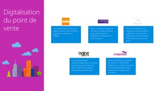 Digitalisation
du point de
vente
 Comment transformer vos
magasins en points de vente «
augmentés » pour enrichir
l’expérience client et accroître
l’efficacité de votre force de
vente ?
La solution Drive-to-Store pour
gagner plus de clients, améliorer
l’expérience utilisateur, et
fidéliser.
Le premier affichage
programmatique qui se connecte
à toutes sources de données
pour les afficher et réagit en
temps réel aux événements.
Mieux connaître le shopper et
son parcours, depuis la phase
d’acquisition jusqu’à la
fidélisation, en passant par la
reconnaissance.
Solution de indoor pour guider
les visiteurs à l'intérieur des
bâtiments. Un visiteur d'un centre
commercial peut ainsi trouver
rapidement le magasin qu'il
recherche.
 