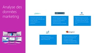 Mention propose un outil de
veille pour rester à l'écoute de
sa marque, de mots-clefs, ou
de ce qui se dit sur son propre
nom
Permet d’analyser les
campagnes de publicité TV/
Radio en temps réel
Permet à tout profil technique
ou non, d’identifier rapidement
les éléments perturbateurs,
empêchant le bon
fonctionnement d’un site web.
Décrypte les parcours d’achat
et permet aux enseignes du
commerce connecté
d’améliorer les performances
de ciblage des meilleurs clients.
Permet de transformer des
données brutes (historiques des
ventes, données
consommateurs..) en
prédictions
Analyse des
données
marketing
 