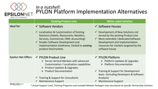 In a nutshell:
PYLON Platform Implementation Alternatives
* Actual Support Level, Training Programs and included Module Packages may vary based on specific Partnership Contract
Existing Product Line White Label Solution
Ideal for:  Software Vendors
 Localization & Customization of Existing
Solutions (Hotels, Restaurants, Retailers,
Services, Commercial, CRM, Accounting)
 Smaller Software Development and
implementation timeframe, limited to existing
product line/markets
 Software Houses
 Development of New Solutions not
served by the existing Product Line
 More extended / dedicated Software
Development and implementation
resources for markets targeted by the
software house
Epsilon Net Offers:  PYLON Product Line
 Serves Vertical Markets with advanced
Customization / Localization capabilities
 Product Updates & Upgrades
 Product Documentation
 Training & Support for Consultants
 Maintenance Support
 PYLON Platform
 Platform Updates & Upgrades
 Platform Documentation
 Training & Support for Development
team (including Developers & Software
Analysts)
 Maintenance Support
 