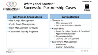 White Label Solution:
Successful Partnership Cases
Gas Station Chain Stores
 Gas Pumps Management
 Credit Cards Management
 Fleet Management for Trucks
 Customers’ Loyalty Programs
Car Dealership
 Showroom
 Offer Management
 Test Drive Availability Calendar
 Repair Shop
 Repair Car Ledger (Services & Parts Used)
 Appointments Calendar
 Timeslots Availability
 Courtesy Cars Management
 Spare Parts Management
 Alternatives
 Original – Refurbished
Powered by
 