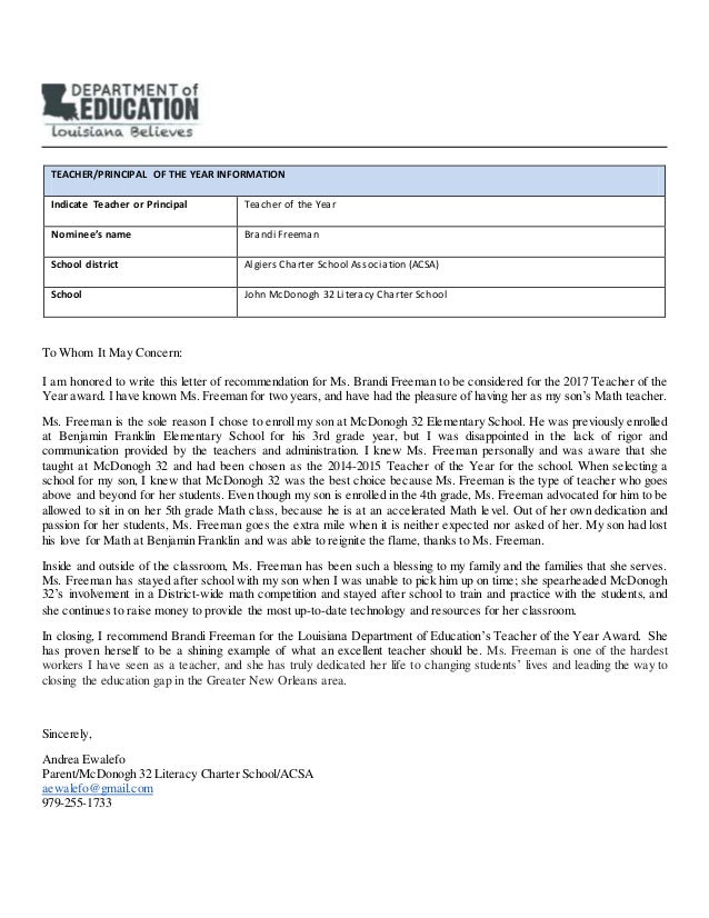 teacher of the year letter of recommendation from principal teacher recommendation letter for teacher of the year