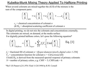Kubelka-Munk Mixing Theory Applied To Halftone Printing
n
n
MIX S
K
c
S
K
c
S
K
c
S
K
























......
2
2
1
1
When several colorants are mixed together the (K/S) of the mixture is the
sum of the component parts:
cn = chemical concentration of colorant n
(K/S)n = absorption/scattering coefficient of colorant n
In digital printing, we do not mix the colorants and concentrations externally.
The colorants are mixed, on demand, at the media surface.
For digitally printed halftone colors, let’s pose the following equation*
fn = fractional fill of colorant n = f[(spot diameter/pixel); digital color 1-256]
Cn = concentration function for colorant n = C(fractional fill)
Unit(K/S)n is derived from the measured spectral response of primary colorants
N = number of primary colors, e.g. CMY = 3; CMYcmk = 6
Eq. [1]
























 N
n n
nn
PaperHalftone S
K
UnitCf
S
K
S
K
1
*Ref: US Patent 6,211,970: Filed 11/24/1998 by R.W. Cornell
 