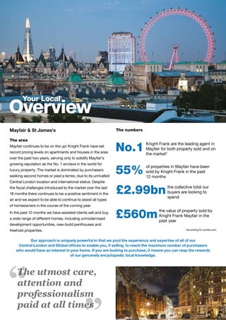 Your Local
Overview
Mayfair & St James's
The area
Mayfair continues to be on the up! Knight Frank have set
record pricing levels on apartments and houses in the area
over the past two years, serving only to solidify Mayfair’s
growing reputation as the No. 1 enclave in the world for
luxury property. The market is dominated by purchasers
seeking second homes or pied a terres, due to its unrivalled
Central London location and international status. Despite
the fiscal challenges introduced to the market over the last
18 months there continues to be a positive sentiment in the
air and we expect to be able to continue to assist all types
of homeowners in the course of the coming year.
In the past 12 months we have assisted clients sell and buy
a wide range of different homes, including unmodernised
development opportunities, new-build penthouses and
freehold properties.
The numbers
The utmost care,
attention and
professionalism
paid at all times
the value of property sold by
Knight Frank Mayfair in the
past year
£560m
of properties in Mayfair have been
sold by Knight Frank in the past
12 months
55%
Knight Frank are the leading agent in
Mayfair for both property sold and on
the market*
No.1
the collective total our
buyers are looking to
spend
£2.99bn
*according to Lonres.com
Our approach is uniquely powerful in that we pool the experience and expertise of all of our
Central London and Global offices to enable you, if selling, to reach the maximum number of purchasers
who would have an interest in your home. If you are looking to purchase, it means you can reap the rewards
of our genuinely encyclopedic local knowledge.
 