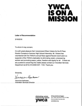Letter of Recemenmdation Ethan Vickers   YWCA