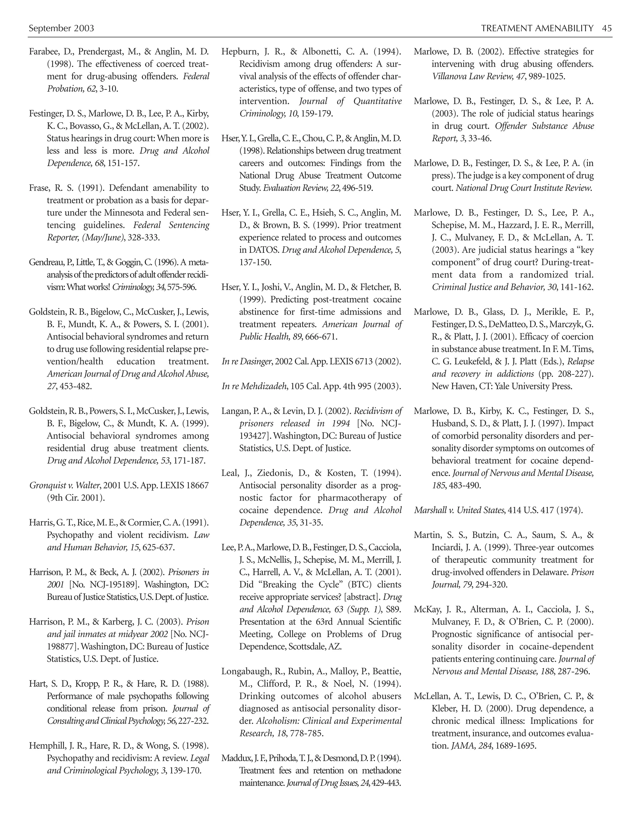 September 2003 TREATMENT AMENABILITY 45
Farabee, D., Prendergast, M., & Anglin, M. D.
(1998). The effectiveness of coerced treat-
ment for drug-abusing offenders. Federal
Probation, 62, 3-10.
Festinger, D. S., Marlowe, D. B., Lee, P. A., Kirby,
K. C., Bovasso, G., & McLellan,A. T. (2002).
Status hearings in drug court:When more is
less and less is more. Drug and Alcohol
Dependence, 68, 151-157.
Frase, R. S. (1991). Defendant amenability to
treatment or probation as a basis for depar-
ture under the Minnesota and Federal sen-
tencing guidelines. Federal Sentencing
Reporter, (May/June), 328-333.
Gendreau, P., Little, T., & Goggin, C. (1996).A meta-
analysisofthepredictorsofadultoffenderrecidi-
vism:Whatworks!Criminology,34,575-596.
Goldstein, R. B., Bigelow, C., McCusker, J., Lewis,
B. F., Mundt, K. A., & Powers, S. I. (2001).
Antisocial behavioral syndromes and return
to drug use following residential relapse pre-
vention/health education treatment.
American Journal of Drug and Alcohol Abuse,
27, 453-482.
Goldstein,R.B.,Powers,S.I.,McCusker,J.,Lewis,
B. F., Bigelow, C., & Mundt, K. A. (1999).
Antisocial behavioral syndromes among
residential drug abuse treatment clients.
Drug and Alcohol Dependence, 53, 171-187.
Gronquist v.Walter,2001 U.S.App.LEXIS 18667
(9th Cir. 2001).
Harris,G.T.,Rice,M.E.,& Cormier,C.A.(1991).
Psychopathy and violent recidivism. Law
and Human Behavior, 15, 625-637.
Harrison, P. M., & Beck, A. J. (2002). Prisoners in
2001 [No. NCJ-195189]. Washington, DC:
BureauofJusticeStatistics,U.S.Dept.ofJustice.
Harrison, P. M., & Karberg, J. C. (2003). Prison
and jail inmates at midyear 2002 [No. NCJ-
198877].Washington,DC: Bureau of Justice
Statistics, U.S. Dept. of Justice.
Hart, S. D., Kropp, P. R., & Hare, R. D. (1988).
Performance of male psychopaths following
conditional release from prison. Journal of
ConsultingandClinicalPsychology,56,227-232.
Hemphill, J. R., Hare, R. D., & Wong, S. (1998).
Psychopathy and recidivism: A review. Legal
and Criminological Psychology, 3, 139-170.
Hepburn, J. R., & Albonetti, C. A. (1994).
Recidivism among drug offenders: A sur-
vival analysis of the effects of offender char-
acteristics, type of offense, and two types of
intervention. Journal of Quantitative
Criminology, 10, 159-179.
Hser,Y.I.,Grella,C.E.,Chou,C.P.,&Anglin,M.D.
(1998).Relationships between drug treatment
careers and outcomes: Findings from the
National Drug Abuse Treatment Outcome
Study.Evaluation Review, 22,496-519.
Hser, Y. I., Grella, C. E., Hsieh, S. C., Anglin, M.
D., & Brown, B. S. (1999). Prior treatment
experience related to process and outcomes
in DATOS. Drug and Alcohol Dependence, 5,
137-150.
Hser, Y. I., Joshi, V., Anglin, M. D., & Fletcher, B.
(1999). Predicting post-treatment cocaine
abstinence for first-time admissions and
treatment repeaters. American Journal of
Public Health, 89, 666-671.
In re Dasinger,2002 Cal.App.LEXIS 6713 (2002).
In re Mehdizadeh, 105 Cal.App. 4th 995 (2003).
Langan, P. A., & Levin, D. J. (2002). Recidivism of
prisoners released in 1994 [No. NCJ-
193427].Washington,DC: Bureau of Justice
Statistics, U.S. Dept. of Justice.
Leal, J., Ziedonis, D., & Kosten, T. (1994).
Antisocial personality disorder as a prog-
nostic factor for pharmacotherapy of
cocaine dependence. Drug and Alcohol
Dependence, 35, 31-35.
Lee,P.A.,Marlowe,D.B.,Festinger,D.S.,Cacciola,
J. S., McNellis, J., Schepise, M. M., Merrill, J.
C., Harrell, A. V., & McLellan, A. T. (2001).
Did “Breaking the Cycle” (BTC) clients
receive appropriate services? [abstract]. Drug
and Alcohol Dependence, 63 (Supp. 1), S89.
Presentation at the 63rd Annual Scientific
Meeting, College on Problems of Drug
Dependence, Scottsdale,AZ.
Longabaugh, R., Rubin, A., Malloy, P., Beattie,
M., Clifford, P. R., & Noel, N. (1994).
Drinking outcomes of alcohol abusers
diagnosed as antisocial personality disor-
der. Alcoholism: Clinical and Experimental
Research, 18, 778-785.
Maddux,J.F.,Prihoda,T.J.,&Desmond,D.P.(1994).
Treatment fees and retention on methadone
maintenance.JournalofDrugIssues,24,429-443.
Marlowe, D. B. (2002). Effective strategies for
intervening with drug abusing offenders.
Villanova Law Review, 47, 989-1025.
Marlowe, D. B., Festinger, D. S., & Lee, P. A.
(2003). The role of judicial status hearings
in drug court. Offender Substance Abuse
Report, 3, 33-46.
Marlowe, D. B., Festinger, D. S., & Lee, P. A. (in
press).The judge is a key component of drug
court. National Drug Court Institute Review.
Marlowe, D. B., Festinger, D. S., Lee, P. A.,
Schepise, M. M., Hazzard, J. E. R., Merrill,
J. C., Mulvaney, F. D., & McLellan, A. T.
(2003). Are judicial status hearings a “key
component” of drug court? During-treat-
ment data from a randomized trial.
Criminal Justice and Behavior, 30, 141-162.
Marlowe, D. B., Glass, D. J., Merikle, E. P.,
Festinger,D.S.,DeMatteo,D.S.,Marczyk,G.
R., & Platt, J. J. (2001). Efficacy of coercion
in substance abuse treatment.In F.M.Tims,
C. G. Leukefeld, & J. J. Platt (Eds.), Relapse
and recovery in addictions (pp. 208-227).
New Haven, CT: Yale University Press.
Marlowe, D. B., Kirby, K. C., Festinger, D. S.,
Husband, S. D., & Platt, J. J. (1997). Impact
of comorbid personality disorders and per-
sonality disorder symptoms on outcomes of
behavioral treatment for cocaine depend-
ence.Journal of Nervous and Mental Disease,
185, 483-490.
Marshall v. United States, 414 U.S. 417 (1974).
Martin, S. S., Butzin, C. A., Saum, S. A., &
Inciardi, J. A. (1999). Three-year outcomes
of therapeutic community treatment for
drug-involved offenders in Delaware. Prison
Journal, 79, 294-320.
McKay, J. R., Alterman, A. I., Cacciola, J. S.,
Mulvaney, F. D., & O’Brien, C. P. (2000).
Prognostic significance of antisocial per-
sonality disorder in cocaine-dependent
patients entering continuing care.Journal of
Nervous and Mental Disease, 188, 287-296.
McLellan, A. T., Lewis, D. C., O’Brien, C. P., &
Kleber, H. D. (2000). Drug dependence, a
chronic medical illness: Implications for
treatment, insurance, and outcomes evalua-
tion. JAMA, 284, 1689-1695.
 