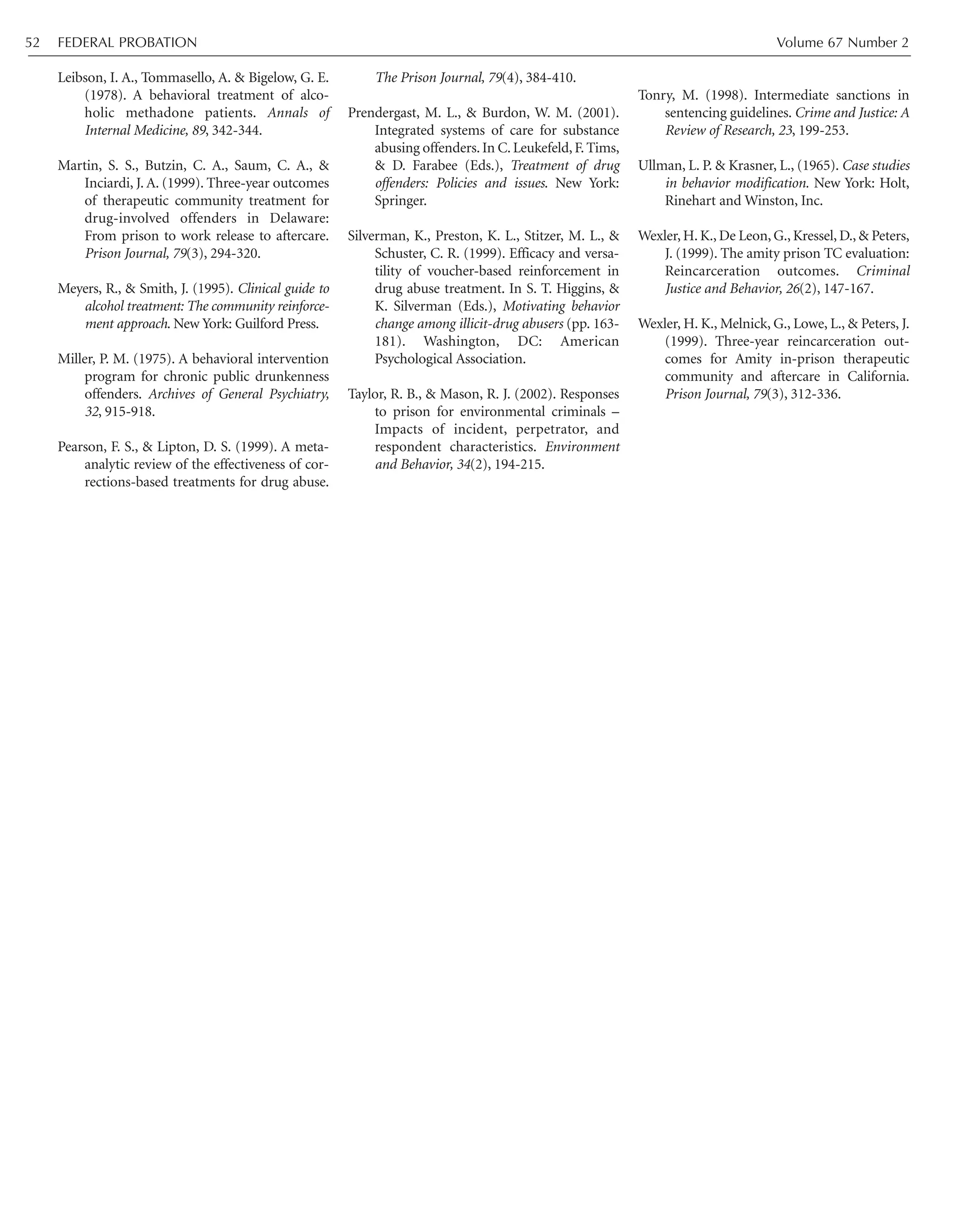 Leibson, I. A., Tommasello, A. & Bigelow, G. E.
(1978). A behavioral treatment of alco-
holic methadone patients. Annals of
Internal Medicine, 89, 342-344.
Martin, S. S., Butzin, C. A., Saum, C. A., &
Inciardi, J. A. (1999). Three-year outcomes
of therapeutic community treatment for
drug-involved offenders in Delaware:
From prison to work release to aftercare.
Prison Journal, 79(3), 294-320.
Meyers, R., & Smith, J. (1995). Clinical guide to
alcohol treatment: The community reinforce-
ment approach. New York: Guilford Press.
Miller, P. M. (1975). A behavioral intervention
program for chronic public drunkenness
offenders. Archives of General Psychiatry,
32, 915-918.
Pearson, F. S., & Lipton, D. S. (1999). A meta-
analytic review of the effectiveness of cor-
rections-based treatments for drug abuse.
The Prison Journal, 79(4), 384-410.
Prendergast, M. L., & Burdon, W. M. (2001).
Integrated systems of care for substance
abusing offenders.In C.Leukefeld,F.Tims,
& D. Farabee (Eds.), Treatment of drug
offenders: Policies and issues. New York:
Springer.
Silverman, K., Preston, K. L., Stitzer, M. L., &
Schuster, C. R. (1999). Efficacy and versa-
tility of voucher-based reinforcement in
drug abuse treatment. In S. T. Higgins, &
K. Silverman (Eds.), Motivating behavior
change among illicit-drug abusers (pp. 163-
181). Washington, DC: American
Psychological Association.
Taylor, R. B., & Mason, R. J. (2002). Responses
to prison for environmental criminals –
Impacts of incident, perpetrator, and
respondent characteristics. Environment
and Behavior, 34(2), 194-215.
Tonry, M. (1998). Intermediate sanctions in
sentencing guidelines. Crime and Justice: A
Review of Research, 23, 199-253.
Ullman, L. P. & Krasner, L., (1965). Case studies
in behavior modification. New York: Holt,
Rinehart and Winston, Inc.
Wexler, H. K., De Leon, G., Kressel, D., & Peters,
J. (1999). The amity prison TC evaluation:
Reincarceration outcomes. Criminal
Justice and Behavior, 26(2), 147-167.
Wexler, H. K., Melnick, G., Lowe, L., & Peters, J.
(1999). Three-year reincarceration out-
comes for Amity in-prison therapeutic
community and aftercare in California.
Prison Journal, 79(3), 312-336.
FEDERAL PROBATION Volume 67 Number 252
 
