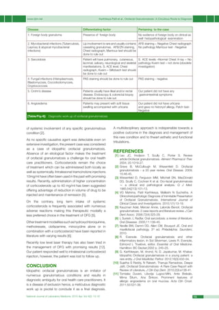 www.njlm.net	 Karthikeya Patil et al., Orofacial Granulomatosis- A Circuitous Route to Diagnosis
National Journal of Laboratory Medicine. 2015 Apr, Vol 4(2): 13-16 15
[Table/Fig-6]: Diagnostic work up of orofacial granulomatosis
Disease Differentiating factor Pertaining to the case
1. Foreign body granuloma Presence of foreign body No evidence of foreign body on clinical as
well histopathological examination
2. Mycobacterial infections (Tuberculosis,
Leprosy & atypical mycobacterial
infections)
Lip involvement is rare and usually contains
caseating granulomas. AFB/ZN staining,
Chest radiograph, Mantoux test should be
done to rule out
AFB staining – Negative Chest radiograph
No pathology Mantoux test - Negative
3. Sarcoidosis Patient will have pulmonary, cutaneous,
lacrimal, salivary, neurological and skeletal
manifestations. S. ACE level, Chest
radiograph, Kveim – Silltzbach test should
be done to rule out
S. ACE levels –Normal Chest X-ray – No
pathology Kveim test – not done (obsolete
investigation)
4. Fungal infections (Histoplasmosis,
Blastomycosis, Coccidiodomycosis,
Cryptococcosis
PAS staining should be done to rule out PAS staining - negative
5. Crohn’s disease Patients usually have illeal and/or rectal
disease. Endoscopy & colorectal biopsy
should be done to rule out
Our patient did not have any
gastrointestinal symptoms
6. Angioedema Patients may present with soft tissue
swelling accompanied with urticaria
Our patient did not have urticaria
and gave no historyof allergy. Patch test-
Negative
of systemic involvement of any specific granulomatous
condition [2].
As no specific causative agent was detectable even on
extensive investigation, the present case was considered
as a case of idiopathic orofacial granulomatosis.
Absence of an etiological factor makes the treatment
of orofacial granulomatosis a challenge for oral health
care practitioners. Corticosteroids remain the choice
of treatment which can be administered both locally as
well as systemically. Intralesional triamcinolone injections
10mg/ml have often been used in the past with promising
results. Recently, administration of higher concentration
of corticosteroids up to 40 mg/ml has been suggested
offering advantage of reduction in volume of drug to be
injected and maintenance of remission [5].
On the contrary, long term intake of systemic
corticosteroids is frequently associated with numerous
adverse reactions making this therapeutic modality a
less preferred choice in the treatment of OFG [5].
Othertreatmentmodalitiessuchashydroxychloroquinine,
methotrexate, clofazamine, minocycline alone or in
combination with a corticosteroid have been reported in
literature with varying results [6].
Recently low level laser therapy has also been tried in
the management of OFG with promising results [12].
Our patient responded well to intralesional corticosteroid
injection, however, the patient was lost to follow up.
Conclusion
Idiopathic orofacial granulomatosis is an imitator of
numerous granulomatous conditions and results in
diagnostic ambiguity for oral health care practitioners. It
is a disease of exclusion hence, a meticulous diagnostic
work up is pivotal to conclude it as a final diagnosis.
A multidisciplinary approach is indispensible towards a
positive outcome in the diagnosis and management of
this rare condition and to thwart esthetic and functional
tribulations.
REFERENCES
[1]	Leo JC, Hodjson T, Scully C, Porter S. Review
article:Orofacial granulomatosis. Aliment Pharmacol Ther.
2004; 20:1019-27.
[2]	Grave B, McCullough M, Wiesenfeld D. Orofacial
granulomatosis - a 20 year review. Oral Disease. 2009;
15:46-45.
[3]	Wiesenfeld D, Ferguson MM, Mitchell DN, MacDonald
DG, Scully C, Cochran K et al. Oro-facial granulomatosis
— a clinical and pathological analysis. Q J Med.
1985;54(213):101–13.
[4]	VG Mahima, Patil Karthikeya, Malleshi N Suchetha. A
Clinicohistopathologic Diagnosis of Inimitable Presentation
of Orofacial Granulomatosis. International Journal of
Clinical Cases and Investigations. 2010;1(1):13-19.
[5]	Kauzman Adel, Mercier Annie, Lalonde Benoit. Orofacial
granulomatosis: 2 case reports and literature review. J Can
Dent Assoc. 2006;72(4):325-29.
[6]	L Suresh, L Radfar. Oral sarcoidosis: a review of literature.
Oral Diseases. 2005;11:138–45.
[7]	Neville BW, Damm DD, Allen CM, Bouquot JE. Oral and
maxillofacial pathology. 3rd
ed. Philadelphia: Saunders;
2010.
[8]	R. Eversole. Orofacial granulamatosis and other
inflammatory lesion. In Sol Silverman, Lewis R. Eversole,
Edmond L Truelove, editor. Essential of Oral Medicine.
Hamiliton: BC Decker;2002 p. 245–25.
[9]	G. Karthikeyan, M. Arvind, N. D. Jayakumar, M. Khakar.
Idiopathic Orofacial granulamatosis in a young patient: a
rare entity. J Oral Maxillofac Pathol. 2012;16(3):432–34.
[10]	Sujatha S Reddy, N Rakesh, Thanuja Ramadoss, Deepa
Jatti. Orofacial Granulomatosis -A Rare Case Report with
Review of Literature, J Clin Exp Dent. 2010;2(3):e138-41.
[11]	Tomislav Duvani, Liborija Lugovi-Mihi, Ante Brekalo,
Mirna Šitum, Ana Šinkovi. Prominent features of
allergic angioedema on oral mucosa. Acta Clin Croat.
2011;50:531-38.
 