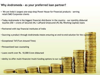 Why AndromedaWhy Andromeda –– as your preferred loan partner?as your preferred loan partner?
•• We are IndiaWe are India’’s largest ones largest one--stopstop--shop Power House for Financial productsshop Power House for Financial products –– servingserving
retail/SME/Corporate clientsretail/SME/Corporate clients
•• Today Andromeda is the biggest financial distributor in the counToday Andromeda is the biggest financial distributor in the countrytry –– our monthly disbursalour monthly disbursal
touches 250 +touches 250 + crorescrores of Secured (HL/of Secured (HL/ LAP)andLAP)and Unsecured (PL/BL/Working Capital) loansUnsecured (PL/BL/Working Capital) loans
•• Partnered with top financial institutes of IndiaPartnered with top financial institutes of India
•• Sourcing a product through Andromeda means ensuring an endSourcing a product through Andromeda means ensuring an end--toto--end solution for the customerend solution for the customer
•• ExceptionalExceptional TAT(TurnTAT(Turn Around Time)Around Time)
•• PersoanlizedPersoanlized loan counselingloan counseling
•• Loans worth overLoans worth over RsRs. 10,000. 10,000 CroreCrore disburseddisbursed
•• Ability to offer multiAbility to offer multi--financier/multifinancier/multi--funding options to our customersfunding options to our customers
 