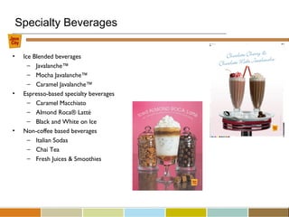 • Ice Blended beverages
– Javalanche™
– Mocha Javalanche™
– Caramel Javalanche™
• Espresso-based specialty beverages
– Caramel Macchiato
– Almond Roca® Latté
– Black and White on Ice
• Non-coffee based beverages
– Italian Sodas
– Chai Tea
– Fresh Juices & Smoothies
Specialty Beverages
 