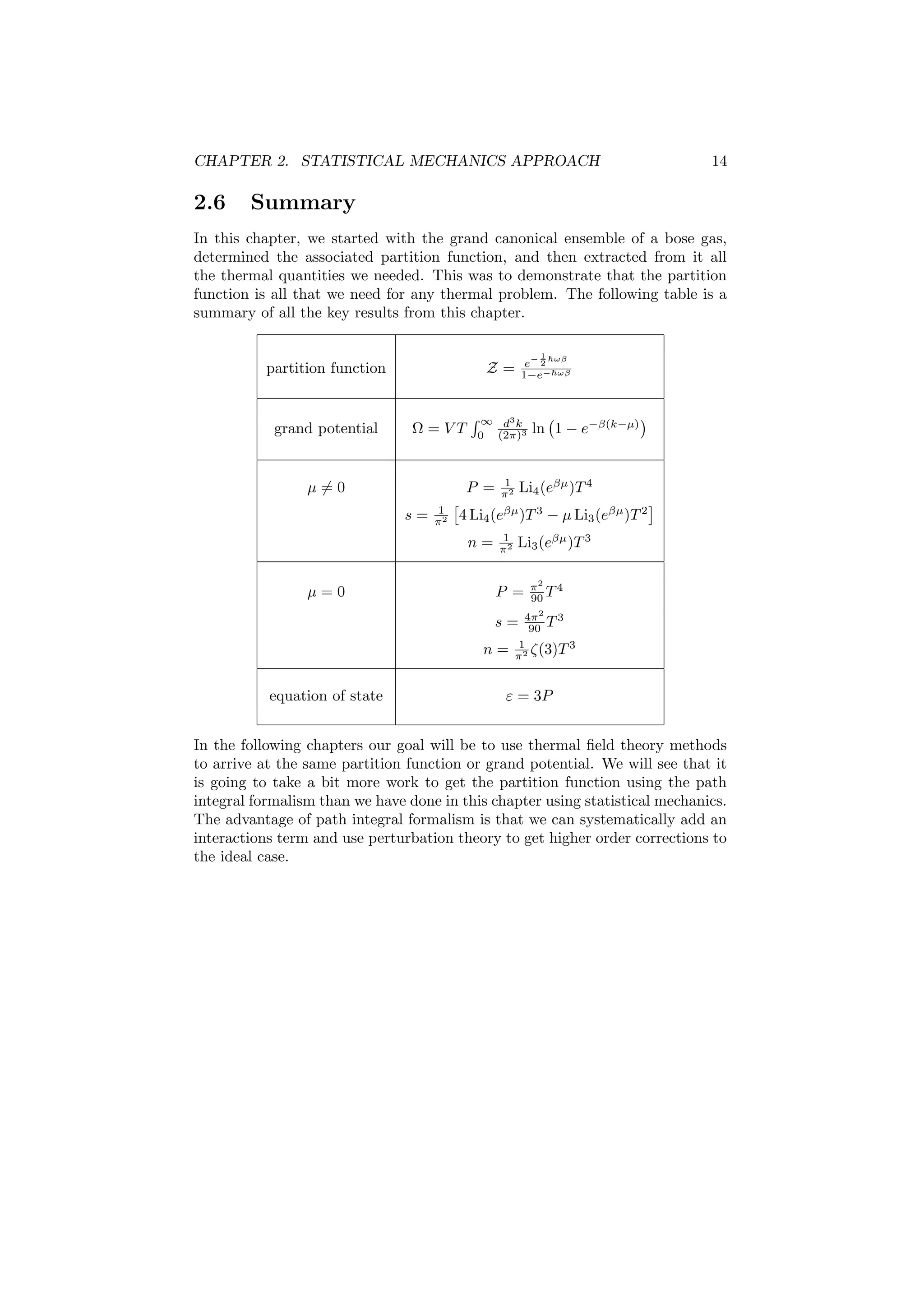 CHAPTER 2. STATISTICAL MECHANICS APPROACH 14
2.6 Summary
In this chapter, we started with the grand canonical ensemble of a bose gas,
determined the associated partition function, and then extracted from it all
the thermal quantities we needed. This was to demonstrate that the partition
function is all that we need for any thermal problem. The following table is a
summary of all the key results from this chapter.
partition function Z = e− 1
2
ωβ
1−e− ωβ
grand potential Ω = V T
∞
0
d3
k
(2π)3 ln 1 − e−β(k−µ)
µ = 0 P = 1
π2 Li4(eβµ
)T4
s = 1
π2 4 Li4(eβµ
)T3
− µ Li3(eβµ
)T2
n = 1
π2 Li3(eβµ
)T3
µ = 0 P = π2
90 T4
s = 4π2
90 T3
n = 1
π2 ζ(3)T3
equation of state ε = 3P
In the following chapters our goal will be to use thermal ﬁeld theory methods
to arrive at the same partition function or grand potential. We will see that it
is going to take a bit more work to get the partition function using the path
integral formalism than we have done in this chapter using statistical mechanics.
The advantage of path integral formalism is that we can systematically add an
interactions term and use perturbation theory to get higher order corrections to
the ideal case.
 