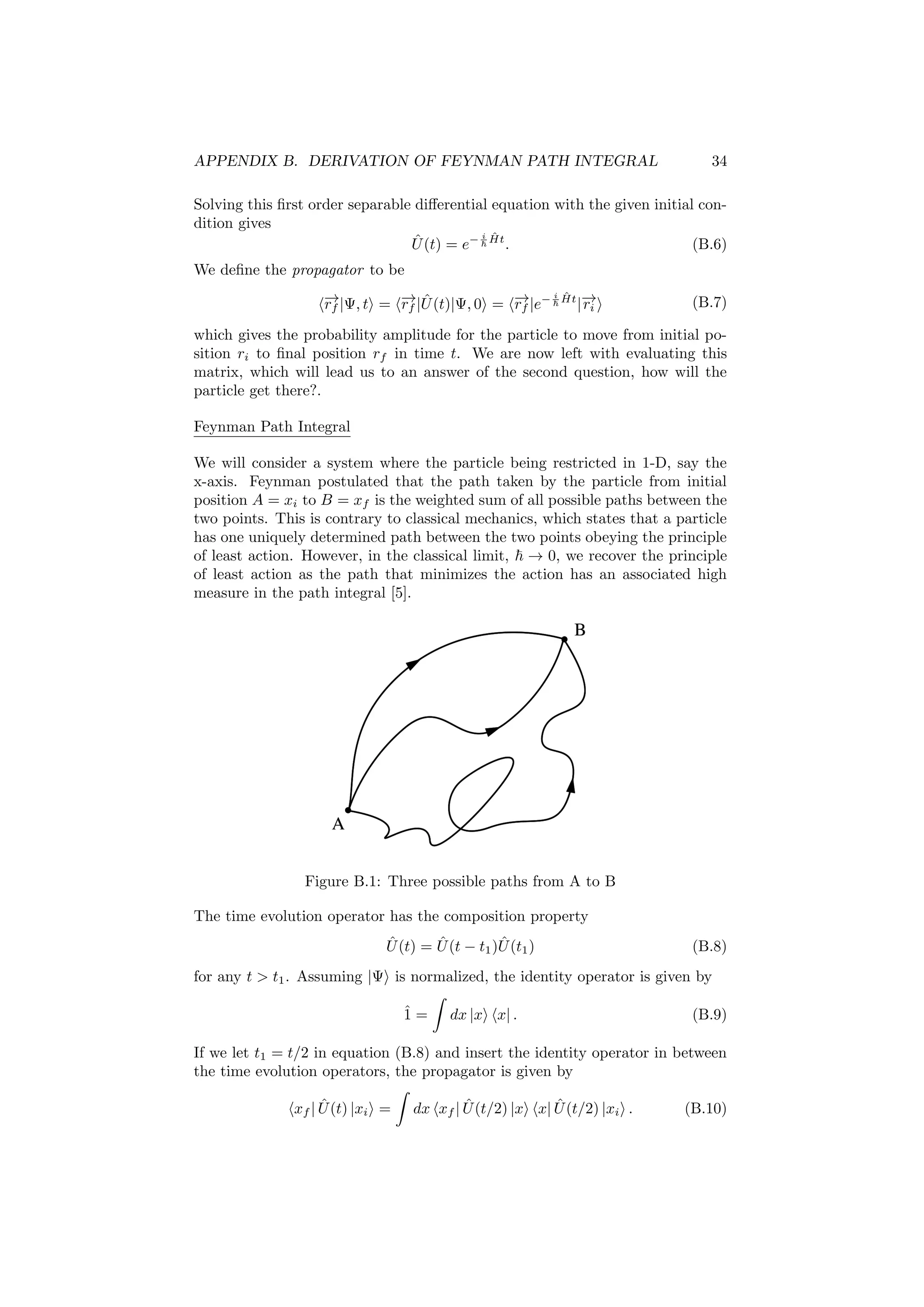APPENDIX B. DERIVATION OF FEYNMAN PATH INTEGRAL 34
Solving this ﬁrst order separable diﬀerential equation with the given initial con-
dition gives
ˆU(t) = e− i ˆHt
. (B.6)
We deﬁne the propagator to be
−→rf |Ψ, t = −→rf | ˆU(t)|Ψ, 0 = −→rf |e− i ˆHt
|−→ri (B.7)
which gives the probability amplitude for the particle to move from initial po-
sition ri to ﬁnal position rf in time t. We are now left with evaluating this
matrix, which will lead us to an answer of the second question, how will the
particle get there?.
Feynman Path Integral
We will consider a system where the particle being restricted in 1-D, say the
x-axis. Feynman postulated that the path taken by the particle from initial
position A = xi to B = xf is the weighted sum of all possible paths between the
two points. This is contrary to classical mechanics, which states that a particle
has one uniquely determined path between the two points obeying the principle
of least action. However, in the classical limit, → 0, we recover the principle
of least action as the path that minimizes the action has an associated high
measure in the path integral [5].
Figure B.1: Three possible paths from A to B
The time evolution operator has the composition property
ˆU(t) = ˆU(t − t1) ˆU(t1) (B.8)
for any t > t1. Assuming |Ψ is normalized, the identity operator is given by
ˆ1 = dx |x x| . (B.9)
If we let t1 = t/2 in equation (B.8) and insert the identity operator in between
the time evolution operators, the propagator is given by
xf | ˆU(t) |xi = dx xf | ˆU(t/2) |x x| ˆU(t/2) |xi . (B.10)
 