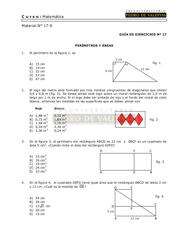 C u r s o : Matemática
Material N° 17-E
GUÍA DE EJERCICIOS Nº 17
PERÍMETROS Y ÁREAS
1. El perímetro de la figura 1, es...
