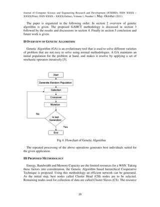 Journal of Computer Science and Engineering Research and Development (JCSERD), ISSN XXXX –
XXXX(Print), ISSN XXXX – XXXX(Online), Volume 1, Number 1, May -October (2011)

  The paper is organized in the following order: In section 2 overview of genetic
algorithm is given. The proposed GAHCT methodology is discussed in section 3
followed by the results and discussions in section 4. Finally in section 5 conclusion and
future work is given.

II OVERVIEW OF GENETIC ALGORITHM

   Genetic Algorithm (GA) is an evolutionary tool that is used to solve different varieties
of problem that are not easy to solve using normal methodologies. A GA maintains an
initial population for the problem at hand, and makes it resolve by applying a set of
stochastic operators iteratively [5].




                           Fig 4: Flowchart of Genetic Algorithm

  The repeated processing of the above operations generates best individuals suited for
the given application.

III PROPOSED METHODOLOGY

  Energy, Bandwidth and Memory Capacity are the limited resources for a WSN. Taking
these factors into consideration, the Genetic Algorithm based hierarchical Cooperative
Technique is proposed. Using this methodology an efficient network can be generated.
As the initial step, best nodes called Cluster Head (CH) nodes are to be selected.
Remaining nodes used for collection of data are called Cluster Slaves (CS). The resource



                                            19
 