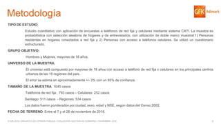 4© GfK 2016 | ENCUESTA DE OPINIÓN PÚBLICA: EVALUACIÓN GESTIÓN DE GOBIERNO | NOVIEMBRE 2016
Metodología
TIPO DE ESTUDIO:
Estudio cuantitativo con aplicación de encuestas a teléfonos de red fija y celulares mediante sistema CATI. La muestra es
probabilística con selección aleatoria de hogares y de entrevistados, con utilización de doble marco muestral:1) Personas
residentes en hogares conectados a red fija y 2) Personas con acceso a teléfonos celulares. Se utilizó un cuestionario
estructurado.
GRUPO OBJETIVO:
Hombres y Mujeres, mayores de 18 años.
UNIVERSO DE LA MUESTRA:
El universo está compuesto por mayores de 18 años con acceso a teléfono de red fija o celulares en los principales centros
urbanos de las 15 regiones del país.
El error se estima en aproximadamente +/- 3% con un 95% de confianza.
TAMAÑO DE LA MUESTRA: 1045 casos
Teléfonos de red fija: 793 casos – Celulares: 252 casos
Santiago: 511 casos - Regiones: 534 casos
Los datos fueron ponderados por ciudad, sexo, edad y NSE, según datos del Censo 2002.
FECHA DE TERRENO: Entre el 7 y el 28 de noviembre de 2016.
 