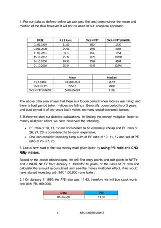 6 MAHENDER MEHTA
4. For our data as defined below we can also find and demonstrate the mean and
median of the data however it will not be used in our analytical approach.
DATE P / E Ratio CNX NIFTY CNX NIFTYJUNIOR
01.01.1999 11.62 890 1530
03.01.2000 25.91 1592 4288
21.09.2001 12.3 854 1054
15.10.2007 25.77 5670 10250
24.10.2008 10.99 2584 4104
01.10.2010 25.54 6143 12846
Mean Median
P / E Ratio 18.68833333 18.92
CNX NIFTY 2955.5 2088
CNX NIFTY JUNIOR 5678.666667 4196
The above data also shows that there is a boom period (when indices are rising) and
there is bust period (when indices are falling). Generally boom period is of 5 years
and bust period is of two years but it varies on many social economic factors.
5. Before we start our detailed calculations for finding the money multiplier factor or
money multiplier effect, we have observed the following:
 PE ratio of 10, 11, 12 are considered to be extremely cheap and PE ratio of
26, 27, 28 is considered to be quiet expensive.
 One can consider investing lump sum at PE ratio of 10, 11, 12 and sell at PE
ratio of 26, 27, 28.
6. Let us now start to find out money multi plier factor by using P/E ratio and CNX
Nifty indices.
Based on the above observations, we will find entry points and exit points in NIFTY
and JUNIOR NIFTY from January 1, 1999 for 10 years, on the basis of PE ratio and
calculate the amount accumulated and see the money multiplier effect, if we would
have started investing with INR 1,00,000 (one lakhs).
6.1 On January 1, 1999, the P/E ratio was 11.62, therefore we will buy stock worth
one lakh (Rs.100,000).
Date P/E
01-Jan-99 11.62
 