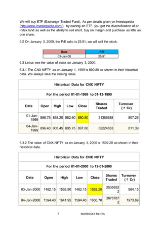 7 MAHENDER MEHTA
We will buy ETF (Exchange Traded Fund). As per details given on Investopedia
(http://www.investopedia.com/), by owning an ETF, you get the diversification of an
index fund as well as the ability to sell short, buy on margin and purchase as little as
one share.
6.2 On January 3, 2000, the P/E ratio is 25.91, we will sell the stock.
6.3 Let us see the value of stock on January 3, 2000.
6.3.1 The CNX NIFTY as on January 1, 1999 is 890.80 as shown in their historical
data. We always take the closing value.
Historical Data for CNX NIFTY
For the period 01-01-1999 to 01-12-1999
Date Open High Low Close
Shares
Traded
Turnover
( Cr)
01-Jan-
1999
886.75 892.20 882.60 890.80 31356585 807.26
04-Jan-
1999
896.40 905.45 895.75 897.80 32224833 811.39
6.3.2 The value of CNX NIFTY as on January 3, 2000 is 1592.20 as shown in their
historical data.
Historical Data for CNX NIFTY
For the period 01-01-2000 to 12-01-2000
Date Open High Low Close
Shares
Traded
Turnover
( Cr)
03-Jan-2000 1482.15 1592.90 1482.15 1592.20
2535832
2
884.15
04-Jan-2000 1594.40 1641.95 1594.40 1638.70
3878787
2
1973.69
Date P/E
03-Jan-00 25.91
 