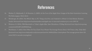 References
34. Washor, E., Mojkowski, C., & Newsom, L. (2009). At the Core of the Apple Store: Images of the Next Generation Learning.
Phi Delta kappan, 91(2). 60-63.
35. Weinberger, M. (2015). The Whole ‘Mac vs. PC’ Thing is So Over, and ‘Android vs. iPhone’ is Close Behind. Business
Insider. Retrieved from http://www.businessinsider.com/apple-mac-vs-microsoft-windows-pc-is-over-2015-10
36. Westover, B. (2014). 1984 Macintosh vs. Today’s Apple iMac: Spec Showdown. PCMag. Retrieved from http://www.pcmag.
com/article2/0,2817,2429830,00.asp
37. Woollaston, V. (2013). How Often Do You Check Your Phone? The Average Person Does it 110 Times a Day. Daily Mail.
Retrieved from http://www.dailymail.co.uk/sciencetech/article-2449632/How-check-phone-The-average-person-does-110-
times-DAY-6-seconds-evening.html
38
 