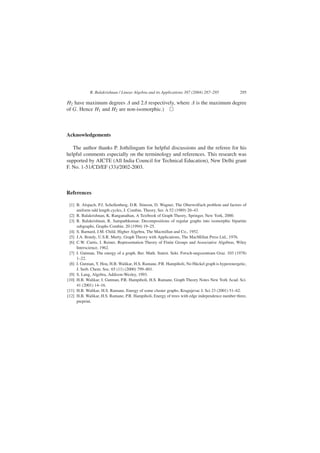 R. Balakrishnan / Linear Algebra and its Applications 387 (2004) 287–295 295
H2 have maximum degrees and 2 respectively, where is the maximum degree
of G. Hence H1 and H2 are non-isomorphic.)
Acknowledgements
The author thanks P. Jothilingam for helpful discussions and the referee for his
helpful comments especially on the terminology and references. This research was
supported by AICTE (All India Council for Technical Education), New Delhi grant
F. No. 1-51/CD/EF (33)/2002-2003.
References
[1] B. Alspach, P.J. Schellenberg, D.R. Stinson, D. Wagner, The Oberwolfach problem and factors of
uniform odd length cycles, J. Combin. Theory, Ser. A 52 (1989) 20–43.
[2] R. Balakrishnan, K. Ranganathan, A Textbook of Graph Theory, Springer, New York, 2000.
[3] R. Balakrishnan, R. Sampathkumar, Decompositions of regular graphs into isomorphic bipartite
subgraphs, Graphs Combin. 20 (1994) 19–25.
[4] S. Barnard, J.M. Child, Higher Algebra, The Macmillan and Co., 1952.
[5] J.A. Bondy, U.S.R. Murty, Graph Theory with Applications, The MacMillan Press Ltd., 1976.
[6] C.W. Curtis, I. Reiner, Representation Theory of Finite Groups and Associative Algebras, Wiley
Interscience, 1962.
[7] I. Gutman, The energy of a graph, Ber. Math. Statist. Sekt. Forsch-ungszentram Graz. 103 (1978)
1–22.
[8] I. Gutman, Y. Hou, H.B. Walikar, H.S. Ramane, P.R. Hampiholi, No Hückel graph is hyperenergetic,
J. Serb. Chem. Soc. 65 (11) (2000) 799–801.
[9] S. Lang, Algebra, Addison-Wesley, 1993.
[10] H.B. Walikar, I. Gutman, P.R. Hampiholi, H.S. Ramane, Graph Theory Notes New York Acad. Sci.
41 (2001) 14–16.
[11] H.B. Walikar, H.S. Ramane, Energy of some cluster graphs, Kragujevac J. Sci 23 (2001) 51–62.
[12] H.B. Walikar, H.S. Ramane, P.R. Hampiholi, Energy of trees with edge independence number three,
preprint.
 