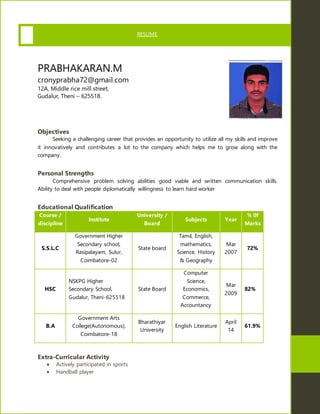 RESUME
PRABHAKARAN.M
cronyprabha72@gmail.com
12A, Middle rice mill street,
Gudalur, Theni – 625518.
Objectives
Seeking a challenging career that provides an opportunity to utilize all my skills and improve
it innovatively and contributes a lot to the company which helps me to grow along with the
company.
Personal Strengths
Comprehensive problem solving abilities good viable and written communication skills.
Ability to deal with people diplomatically willingness to learn hard worker
Educational Qualification
Course /
discipline
Institute
University /
Board
Subjects Year
% 0f
Marks
S.S.L.C
Government Higher
Secondary school,
Rasipalayam, Sulur,
Coimbatore-02
State board
Tamil, English,
mathematics,
Science, History
& Geography
Mar
2007
72%
HSC
NSKPG Higher
Secondary School,
Gudalur, Theni-625518
State Board
Computer
Science,
Economics,
Commerce,
Accountancy
Mar
2009
82%
B.A
Government Arts
College(Autonomous),
Coimbatore-18
Bharathiyar
University
English Literature
April
14
61.9%
Extra-Curricular Activity
 Actively participated in sports
 Handball player
 