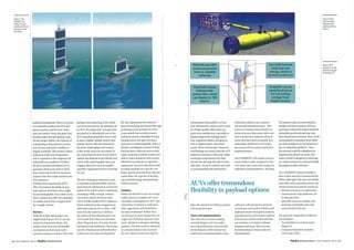 Figure 2: 'Sea
Satellites' use
multipleenergy
sources and reduce
exposure in high
sea states.
realised immediately.'lllere is no need
to constantly monitor the AUV dur-
ing its mission, and the host vessel
does not need to 'mow the grass' and
thereby waste fuel and human capi-
tal any longer. Rather, the expense of
maintaining a ship and crew on sta-
tion, in unco-operative weather, is
largelyavoidable. 'nlis means a direct
reduction in the cost ofoperation
and in exposure to the exigencies of
unfriendly sea conditions. Further.
for port security and inland sLu'vey
purposes, there is no need to close
busy waterways (with the immense
expense that this could entail) to per-
form missions.
Perhaps most importantly. AUVs
offer tremendous flexibility in pay-
load options. and these often might
be interchangeable. even whlle at sea.
Most vehicles also offer the capability
to employ more than a single sensor
for a single mission.
Barriers
With aUofthese advantages, one
might think that an AUV is an easy
choice for interested clients. The
reality is that there are still ponder-
ous barriers to their more wide-
spread acceptance and use. First, and
28 I JULY/ AUGUST 20 12 I Hydro INTERNATIONAL
perhaps most daunting, is the initial
cost of investment for the purchase of
an AUY.11le adage that, 'you get what
you pay for; is abundantly true in the
AUV manufacturing field. Ifyou wish
to have a highJy capable system that
reUably returns after its missions in
the most challenging environment
in the world. then you can expect to
pay a premium fo r that. If you wish to
e).."plore the deepest ocean depths and
return with superb quality data and
imagery. then you want an equally
superblyengineered system to do that
for you.
The fear oflosing an expensive asset
is certainly comprehensible, and this
issue must be addressed at every level
before AUVs will be used to maximum
advantage. Oddlyenough, military
crews have shown the most reluc-
tance to fully employ AUVs, while aca-
demic institutions have logged more
miles than anyone else to date. I will
leave it to the audience to deduce
the source ofthat phenomenon, but
AUVs work best when you use them
often. Frequent use, ofcourse, breeds
familiarity and confidence. 'nlose who
use the vehicles most will be the first
to discover new ways of using them.
Yet, the requirement for undersea
data is increasing and shows little sign
ofabating as the promise ofaccess
to previously inaccessible oceanic
resources and the criticality of main-
taining secure and open sea lanes
and ports is realised globally. 'nlere is
already a prodigious amount ofdata
that has been collected and severely
under-used that could be made avail-
able to wider audiences who can not
afford the investment in expensive
equipment. Access to this data could
be made available on a pay-for-use
basis, and the proceeds from that use
could offset the expense ofdevelop-
ing, manufacturing, and operating
vehicle systems.
Enablers
While the barriers to use are consid-
erable, there are enablers ror more
insatiable consumption ofAUV- pro-
vided data. Consumers really have
little regard from which platform
the data is obtained. Rather they
are focused on three things that one
might call 'freshness, ripeness, and
taste; si milar to a shopper selecting
produce. The data must be obtained
in a timely manner (not necessar-
ily 'new' data), it must be ready for
•
:/h1.
~,1'....
I I IRIDIUM and GPS
antennas provide
links to satellite
networks
Keel buIb stores
transponder
sensor kite, which
can deploy to 100
meters.
consumption (accessible via com-
mon information nodes), and it must
be ofhigh quality. Older data can
prove very satisfactory, especially in
discovering trends (change detec-
tion, migratory habits, reefgenera-
tion or degeneration, and much
more).Those with proper resources
and funding can ensure that the AUV
industry continues to flourish, while
receiving compensation for their
investment through the sale ofvalu-
able data. As more vehicles are built
to accommodate the demand for
.rr- Two sails harvest
wind and sun
energy, which is
stored in batteries.
tT
Propeller can be
used for drive or
for harvesting
energy from
kinetic motion
collection, military use, commer-
cial use and individual users: 11lis
vision is certainly more inclusive in
terms ofaccess than some other cur-
rent concepts for undersea observa-
tories that have been proposed. It is
undeniably ambitious in its scope,
but as you will see, quite practical in
implementation.
The UNDERNET will employ autono·
mous surface nodes designed to har-
vest wind. wave, and solar energy for
endurance and persistence. The data
The surface nodes are networked by
satellite and have constant CPScon-
nectivity, so that each surface node has
immediate positional and near real~
time situational awareness. TIleY can be
commanded to reposition from either
an earth satellite or an W1manned sur-
face or subsurface platform. Thus.
the network could be redeployed as
requirements dictate or evolve. The
nodes would be designed to submerge
as a safety measure to avoid potentially
damaging weather and seas.
AUVs offer tremendous
flexibility in payload options
'nle UNDERNET business model is
akin to that used for Commercial Sat-
ellites. although a bit more accessible.
tailorable, and reasonably priced. The
whole system accounts for means to:
allocate resources to collect data
communicate with platforms col-
lecting that data
data, the unit prices ofthese systems
will surely decrease.
Visionand Implementation
The vision for an ocean sensing
network (Figure 1) is: 'An under-
sea communications network with
all the features of the Internet for
underwater commun ications, data
collectors will consist ofa network
of undersea and surface vehicles and
deployed sensors that glean position-
ing information and mission updates
from known surface nodes and that
can continue on mission without
frequent surfacing. They can also
download data to those nodes for
dissemination.
assemble, process, evaluate, dis-
seminate and display data and
control levels ofaccess
The physical composition of the sys-
tem includes:
'Sea SatelUtes' or surface nodes
(Figure 2)
Unmanned Maritime Systems
(AUVs and USVs)
Figure 3: AUVs
could be widely
deployed using
undersea docking
stations.
Figure 4: MIT
concept for aLong-
Endurance, Energy-
HaNesting ASV.
Hydro INTERNATIONAL J JULY/ AUGUST 2012129
 
