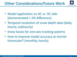 9
Other Considerations/Future Work
• Model application on AC vs. DC side
(demonstrated < 2% difference)
• Temporal resolution of snow depth data (daily,
hourly, subhourly)
• Snow losses for one-axis tracking systems
• How to improve model accuracy at shorter
timescales? (monthly, hourly)
System Advisor Model
 