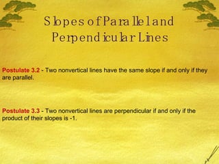 Slopes of Parallel and Perpendicular Lines Postulate 3.2  - Two nonvertical lines have the same slope if and only if they are parallel. Postulate 3.3  - Two nonvertical lines are perpendicular if and only if the product of their slopes is -1. 