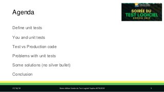 Agenda
Define unit tests
You and unit tests
Test vs Production code
Problems with unit tests
Some solutions (no silver bul...