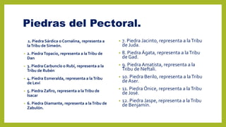 Piedras del Pectoral.
• o 1. Piedra Sárdica o Cornalina, representa a
laTribu de Simeón.
• 2. PiedraTopacio, representa a laTribu de
Dan
• 3. Piedra Carbunclo o Rubí, representa a la
Tribu de Rubén
• 4. Piedra Esmeralda, representa a laTribu
de Leví
• 5. Piedra Zafiro, representa a laTribu de
Isacar
• 6. Piedra Diamante, representa a laTribu de
Zabulón.
• 7. Piedra Jacinto, representa a laTribu
de Juda.
• 8. Piedra Ágata, representa a laTribu
de Gad.
• 9. Piedra Amatista, representa a la
Tribu de Neftali.
• 10. Piedra Berilo, representa a laTribu
de Aser.
• 11. Piedra Ónice, representa a laTribu
de José.
• 12. Piedra Jaspe, representa a laTribu
de Benjamín.
 