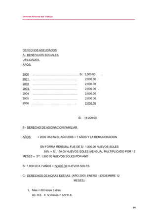 Derecho Procesal del Trabajo
---------------------------------------------------------------------------------------------------------------------------------------------
DERECHOS ADEUDADOS:
A.- BENEFICIOS SOCIALES.
UTILIDADES.
AÑOS.
2000 .…………………………………………. S/. 2,000.00 .
2001. ………………………………………… 2,000.00
2002 ………………………………………… 2,000.00
2003. ………………………………………… 2,000.00 .
2004 ………………………………………… 2,000.00
2005 ………………………………………… 2,000.00.
2006 ………………………………………… 2,000.00
S/. 14,000.00
B.- DERECHO DE ASIGNACION FAMILIAR.
AÑOS. = 2000 HASTA EL AÑO 2006 = 7 AÑOS Y LA REMUNERACION
EN FORMA MENSUAL FUE DE S/. 1,500.00 NUEVOS SOLES
10% = S/. 150.00 NUEVOS SOLES MENSUAL MULTIPLICADO POR 12
MESES = S7. 1,800.00 NUEVOS SOLES POR AÑO
S/. 1,800.00 X 7 AÑOS = 12,600.00 NUEVOS SOLES.
C.- DERECHOS DE HORAS EXTRAS. (AÑO 2000. ENERO – DICIEMBRE 12
MESES).
1. Mes = 60 Horas Extras.
60. H.E. X 12 meses = 720 H.E.
10
 