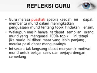 REFLEKSI GURU
• Guru merasa puashati apabila kaedah ini dapat
membantu murid dalam meningkatkan
penguasaan murid tentang topik Tindakan enzim.
• Walaupun masih hanya terdapat sembilan orang
murid yang menguasai 100% topik ini tetapi
jika murid ini diberi masa yang lebih panjang ,
mereka pasti dapat menguasainya.
• Ini secara tak langsung dapat menyuntik motivasi
murid untuk belajar sains dan berjaya dengan
cemerlang
 