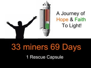 33 miners 69 Days
1 Rescue Capsule
A Journey of
Hope & Faith
To Light!
 