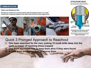 Quick 3 Pronged Approach to Reachout
1. One team searched for the men, poking 10 small drills deep into the
earth in hopes of reaching those trapped
2. One team assessed how to keep them alive if they were found
3. A third team worked on how to rescue them
 