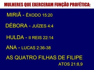 MULHERES QUE EXERCERAM FUNÇÃO PROFÉTICA:
MIRIÃ -MIRIÃ - ÊXODO 15:20ÊXODO 15:20
DÉBORA -DÉBORA - JUÍZES 4:4JUÍZES 4:4
HULDA -HULDA - II REIS 22:14II REIS 22:14
ANA -ANA - LUCAS 2:36-38LUCAS 2:36-38
AS QUATRO FILHAS DE FILIPEAS QUATRO FILHAS DE FILIPE
ATOS 2ATOS 211:8,9:8,9
 