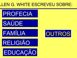 LLEN G. WHITE ESCREVEU SOBRE:
PROFECIA
SAÚDE
FAMÍLIA
RELIGIÃO
EDUCAÇÃO
OUTROS
 