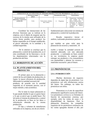 CAPÍTULO 2


                                       TABLA 2.1.
        HORIZONTE DE ACCIÓN PARA EL SISTEMA PRODUCTIVO DE PROMMESA, S.A. de C.V.
                             Horizonte de tiempo          Periodo           Denominación común         Características
                                   (plazo)
   Área de acción de la                                                                          •   Proporcionan flexibilidad
planeación y control de la                                                                           para cumplir con los
       producción                  Corto           Varios meses, semanas,     •    Programas         planes a mediano plazo.
                                                        días o turnos                            •   Programas de asignación
                                                                                                     de trabajos a máquinas,
                                                                                                     secuencia de órdenes,
                                                                                                     etcétera.


       Coordinar las interacciones de las                             fundamental para seleccionar un sistema de
diversas funciones que se realizan en la                              planeación y control de la producción.
empresa, con el objeto de asegurar que los
recursos de la misma sean utilizados de la                                    Resulta imperativo iniciar el
mejor forma posible, para producir los                                análisis, realizando pronósticos precisos
bienes requeridos en el tiempo establecido,
al precio adecuado, en la cantidad y la                               que tendrán un gran valor para la
calidad requeridas.                                                   planeación de recursos y materiales. Al

        De lo anterior se concluye que la                             recibir a tiempo la cantidad correcta de
planeación y control de la producción, es el                          material adecuado, con una adecuada
ente coordinador de las funciones y no de                             producción y realizando un buen control
los departamentos relacionados con la                                 en sus inventarios; la empresa puede
producción del bien.                                                  entregar sus productos a los consumidores
                                                                      con puntualidad y planear los recursos y
2.3. HORIZONTE DE ACCIÓN                                              materiales necesarios para el futuro.


2.4. PLANTEAMIENTO DEL
                                                                      2.5. PRONÓSTICOS
     PROYECTO
                                                                      2.5.1. INTRODUCCIÓN
        El primer paso en la planeación y
control de las actividades de producción, es
                                                                             Muchas decisiones de negocios
lograr, la mayor eficiencia de producción,
                                                                      dependen de algún tipo de pronóstico. Los
fabricando la cantidad necesaria del
                                                                      pronósticos son sólo afirmaciones acerca
producto, de acuerdo con la cantidad
                                                                      del futuro. Sin embargo, no todos los
requerida en el momento preciso, con el
                                                                      pronósticos son útiles.
mejor método y más económico.
                                                                             Pronosticar es el arte de especificar
        Por lo tanto la mejor planeación es
                                                                      información significativa acerca del futuro.
la que puede detallar lo que se quiere hacer
                                                                      Los pronósticos extrínsecos se formulan en
y lo que se prevé que se podrá hacer. Por
                                                                      función de asociaciones externas, por
tal razón el sistema de planeación y control
                                                                      ejemplo, entre las ventas de casas y la
de la producción se basa en los datos o
                                                                      disponibilidad de hipotecas. Para la
información obtenida de la misma
                                                                      planeación financiera, las compañías
producción.
                                                                      requieren de los pronósticos extrínsecos de
        El tipo y volumen de manufactura
                                                                      las ventas agregadas durante el año, por
utilizados en la empresa, nos da un criterio


                                                               31
 