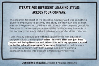 Iterate for different learning styles 
across your company. 
$!,.+#.)!((/$+.0+%0ŏ/+!0%2!$+3!2!./%03//+)!0$%*# 
#%2!*0+!),(+5!!/0+#+35* /01 5+*0$!%.+3** //1$ 
3/*+0%*0!#.0! %*0+0$!(%!* 1(01.!+0$!+),*5#.!1((5ċ 
2!.5+*!%*0$!+),*5+),(!0! 0$!)%*%)1).!-1%.!)!*0/+ 
0$!+),*5Č10)*5 % *+0.!0%*+.+),.!$!* 0$!)0!.%(/ċ 
	3/%*%0%((5 %/+1.#! 3%0$0$!%(1.!+0$!ü./0! 10%+* 
,.+#.)3%0$%*0$!+),*5ċWhat I learned after was just how 
%),+.0*0!%*#%0!.0%2!* %*0!.0%2!3%0$)5,,.+$3+1(  
be to the education program's success. 	*!! ! 0+1%( )+.! 
%*0!.0%2!,.+#.)Č3%0$+0$,//%2!* 0%2!(!.*%*# 
,,.+$!/Č0'%*#%*0++1*0 %û!.!*0(!.*%*#/05(!/ċ 
Jonathan Franchell Founder  Principal, ironpaper 
 