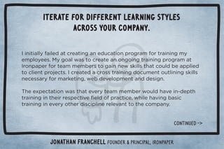 Iterate for different learning styles 
across your company. 
	%*%0%((5%(! 0.!0%*#*! 10%+*,.+#.)+.0.%*%*#)5 
!),(+5!!/ċ
5#+...