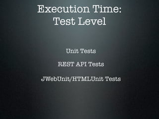 Execution Time:
  Test Level

       Unit Tests

    REST API Tests

JWebUnit/HTMLUnit Tests
 
