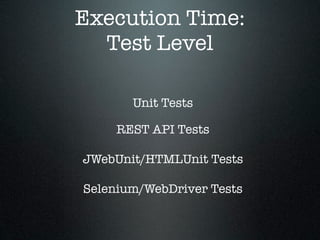 Execution Time:
  Test Level

       Unit Tests

     REST API Tests

JWebUnit/HTMLUnit Tests

Selenium/WebDriver Tests
 