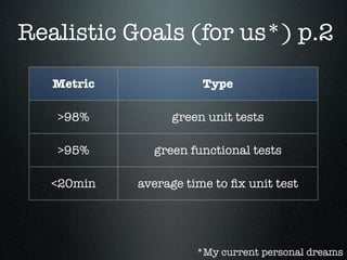 Realistic Goals (for us*) p.2

   Metric                 Type

   >98%              green unit tests

   >95%          green functional tests

   <20min      average time to ﬁx unit test

    <2h     average time to ﬁx functional test

                         *My current personal dreams
 