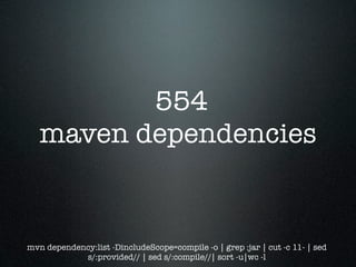 554
   maven dependencies


mvn dependency:list -DincludeScope=compile -o | grep :jar | cut -c 11- | sed
            s/:provided// | sed s/:compile//| sort -u|wc -l
 
