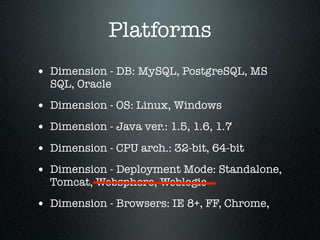 Platforms
• Dimension - DB: MySQL, PostgreSQL, MS
  SQL, Oracle

• Dimension - OS: Linux, Windows
• Dimension - Java ver.: 1.5, 1.6, 1.7
• Dimension - CPU arch.: 32-bit, 64-bit
• Dimension - Deployment Mode: Standalone,
  Tomcat, Websphere, Weblogic

• Dimension - Browsers: IE 8+, FF, Chrome,
 